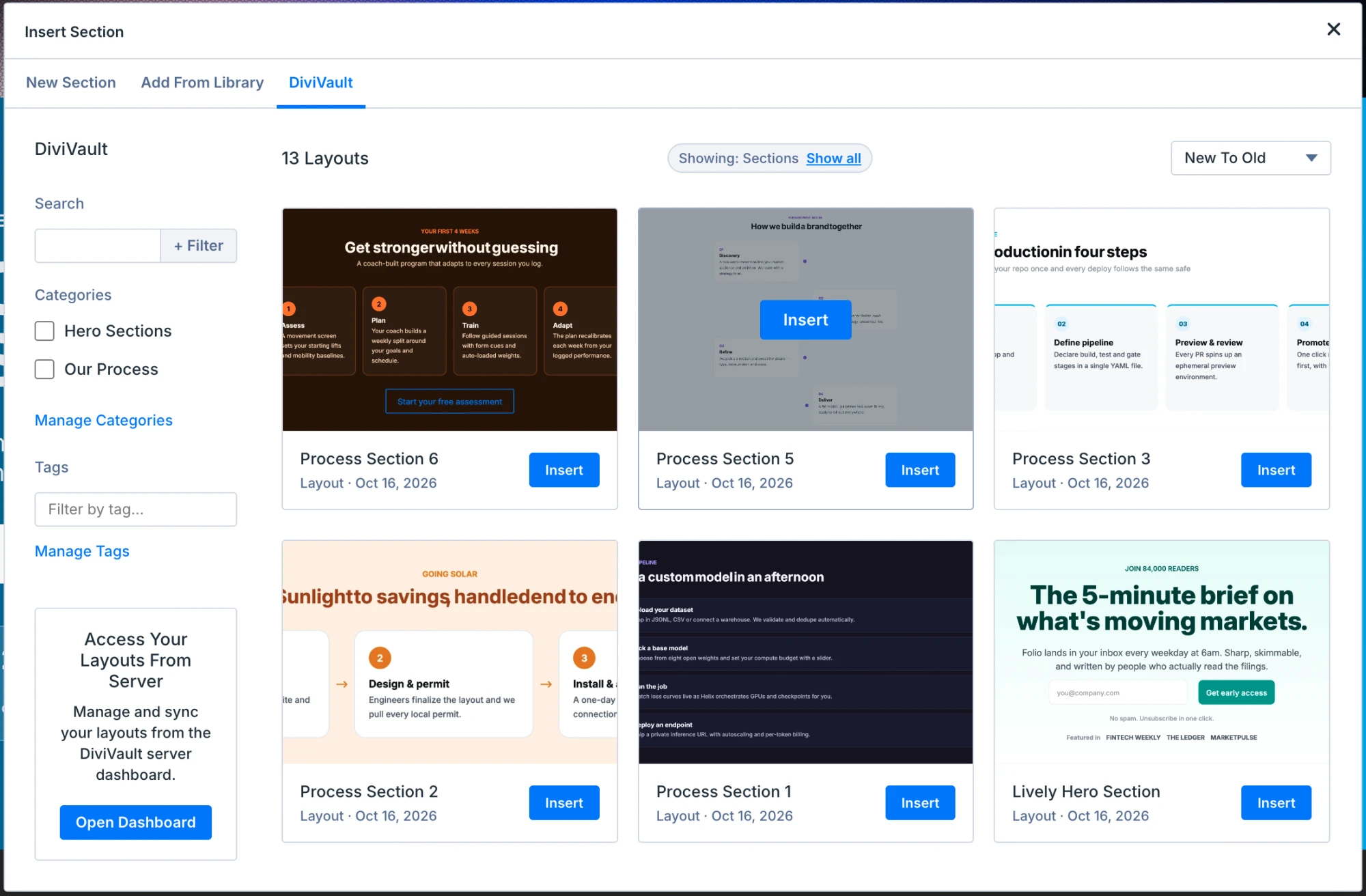Divi's Insert Section window with a DiviVault tab listing saved sections, each with an Insert button