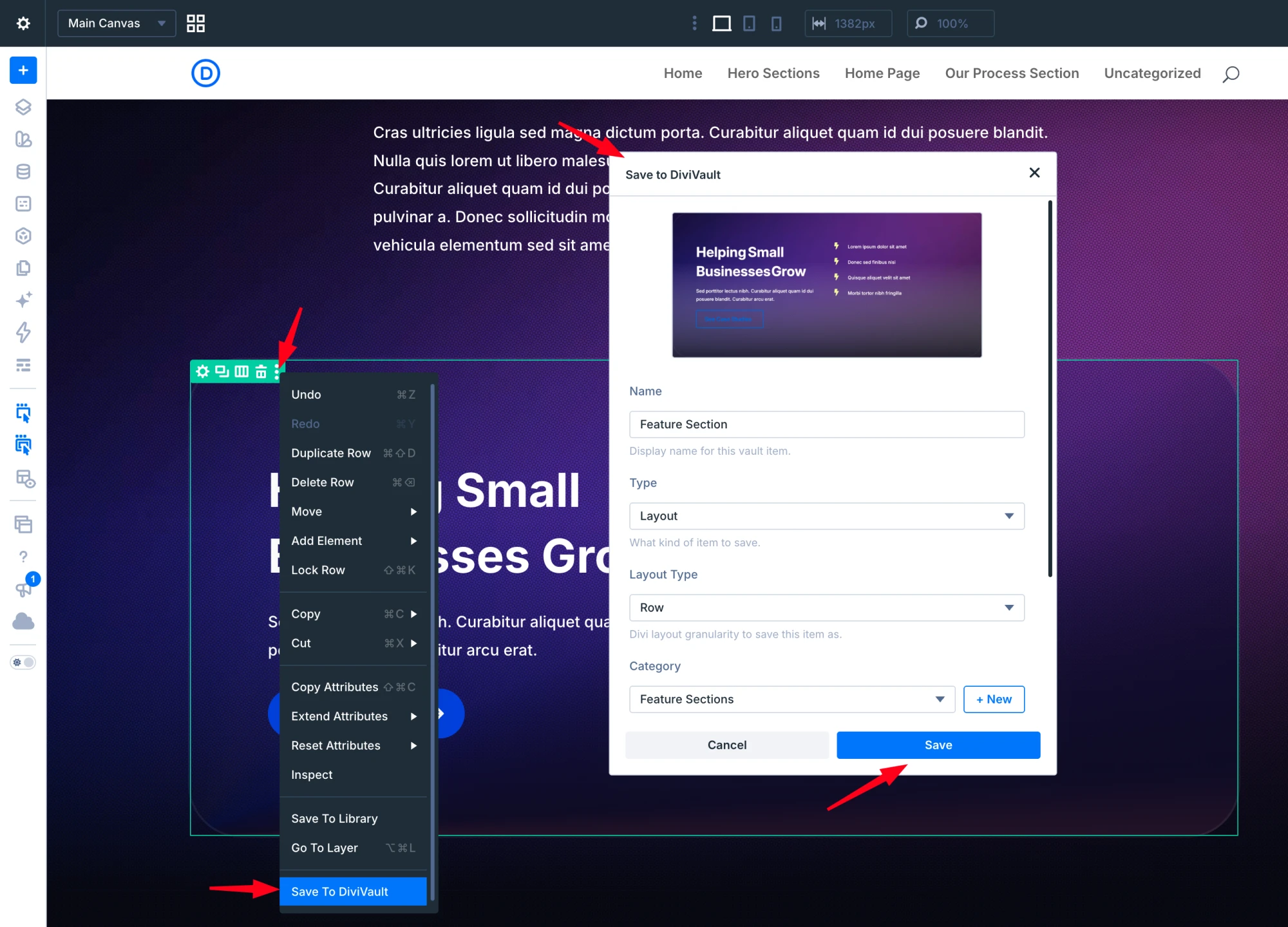 The Save to DiviVault window with a layout preview and name, type, and category fields